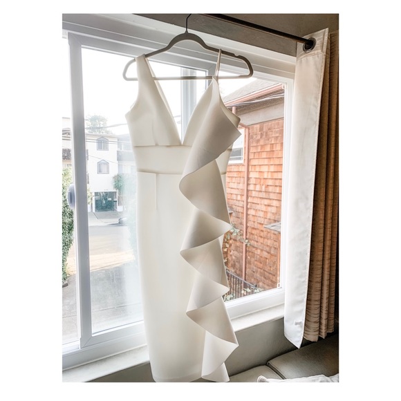 Lavish Alice Dresses & Skirts - White Scuba Midi Dress with Frill Detail